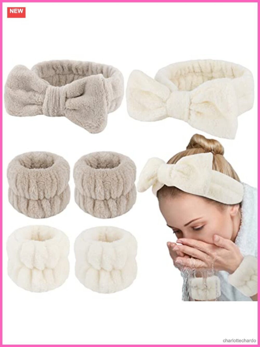 Spa Headband & Wristbands Set – Microfiber Fleece Bow Face Wash Makeup